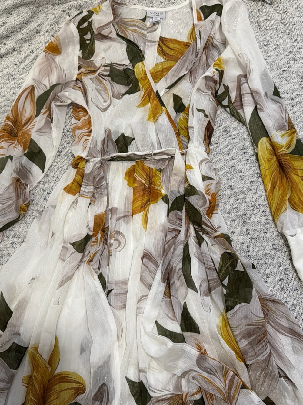 A.L.C. White Floral Wrap Dress with Yellow and Olive Green Prints